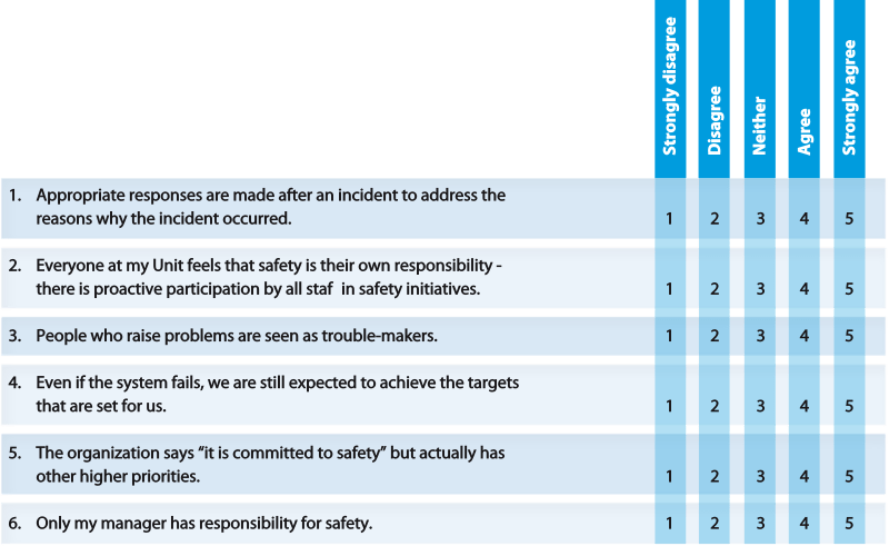 Sample questions from Eurocontrol safety culture questionnaire